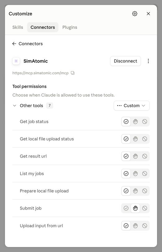 SimAtomic’s connected status in Claude after authentication.